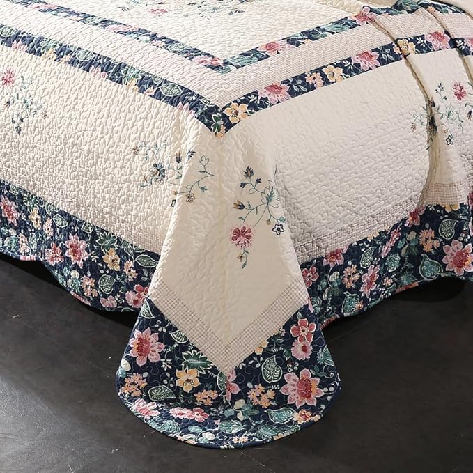 Quilt Set Floral Leaves 3D Embroidery Pattern 2 PCS Cotton Reversible Quilted Embroidered Decorative Bedspreads Coverlet Set, Lightweight &Soft Queen Size Beige Bedding Coverlet for All Season