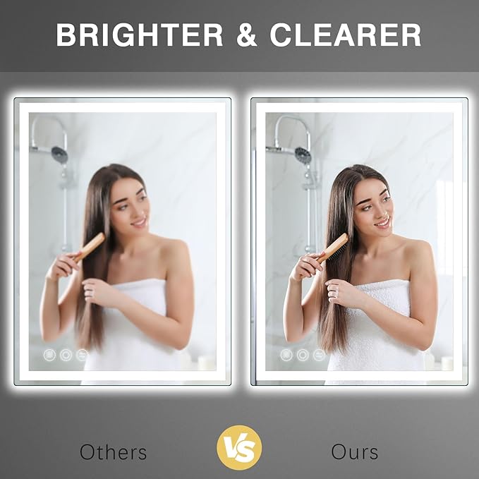 Bathroom Mirror, 28"x 36" Vanity Mirror with Lights, LED Mirrors with Anti-Fog, Stepless 3 Colors Temperature & Dimmable, Memory Tempered Glass Bathroom Mirrors for Over Sink