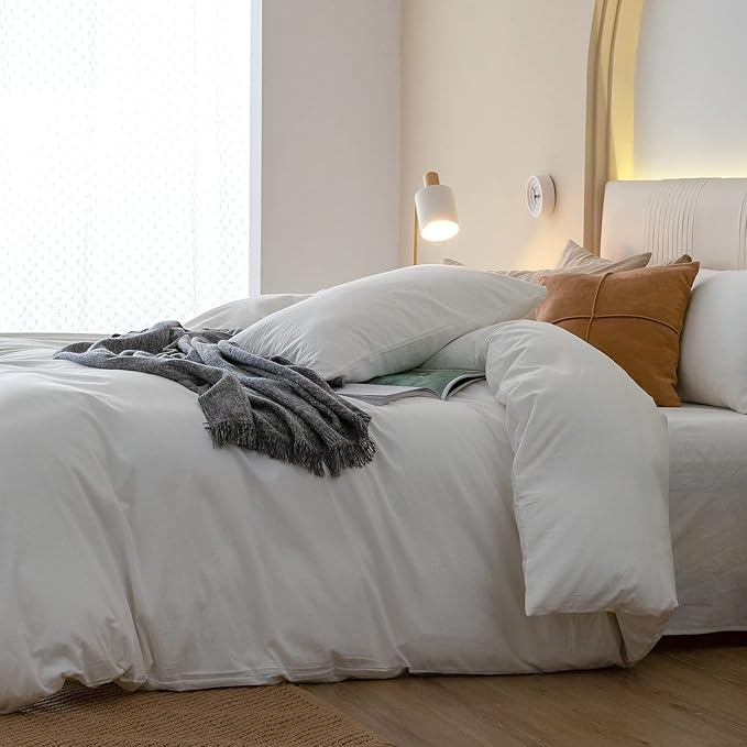 JIYUAN 100% Washed Cotton Duvet Cover Set 3 Pieces Alaska King, 1 Duvet Cover 132x120 Inches(Comforter Not Included) and 2 Pillowcases,Linen Feel Bedding Set Comfy and Breathable,Off White