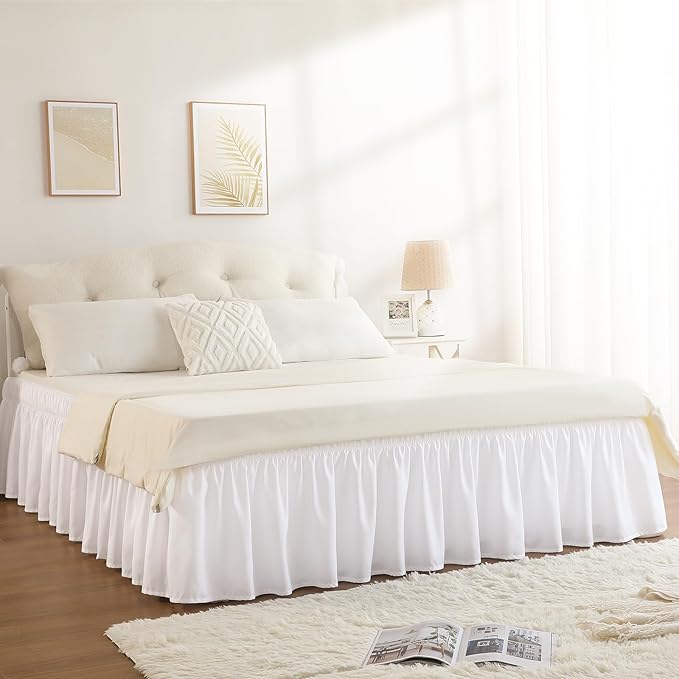 RIMELA White Bed Skirt King Size 16 Inch Drop, Elastic Bed Skirting for Bed Base and Frame, Bedding Dust Ruffle Easy to Install, Lightweight Wrap Around Adjustable Bedskirt