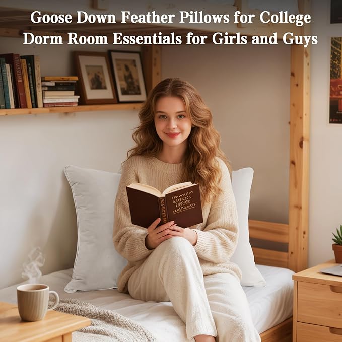 BHZ Down Feather Standard/Queen Pillows Set of 2 Pack, Luxury Hotel Collection Goose Bed Pillows for Sleeping Firm Soft Support for Side, Back, Stomach Sleepers for College Dorm Essentials, White