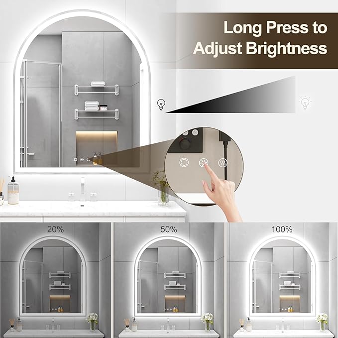 Arched LED Mirror for Bathroom 30"x36", Brushed Nickel LED Bathroom Mirror with Lights-Fogless, Dimmable, 3 Color Changing, Touch Sensor