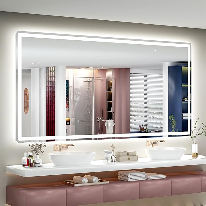 SMIROR LED Bathroom Mirror with Lights 72"x 40", Rounded Rectangle Lighted Vanity Mirror for Wall, Front Lit and Backlit, 3 Colors, Dimmable, Anti-Fog, Tempered Glass (Horizontally/Vertically)