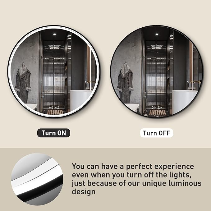 24" Round LED Bathroom Mirror, Dimmable Anti-Fog Vanity Mirror with Touch Control, 6000K Natural Light, Black Metal Frame, Wall Mounted for Makeup Shaving (IP54, 90+ CRI)