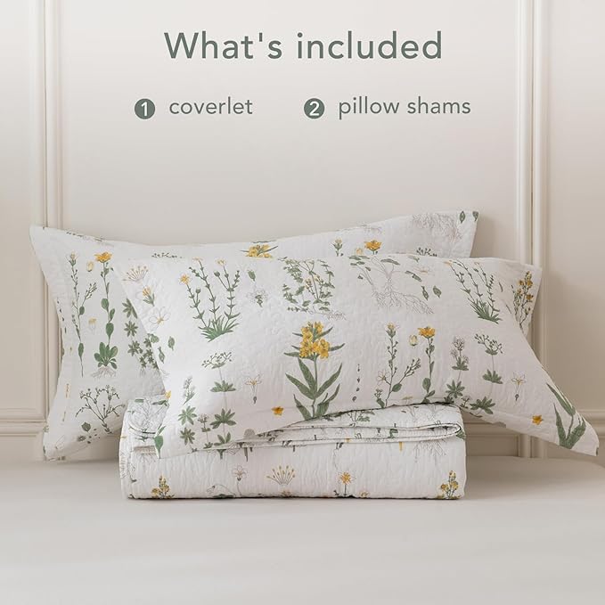 Lady Ann Cotton Quilt Sets Queen - Yellow Floral & Green Leaves Pattern Botanical Printed Quilted Coverlet, 3 Pcs Lightweight Soft Cottagecore Queen Bedspread Set Shabby and Chic Bedding