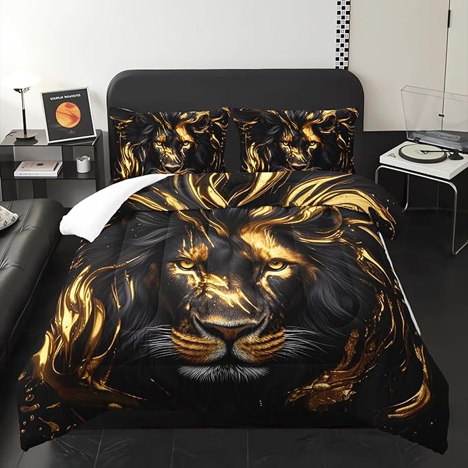 Black & Gold King Comforter Set Lion，Animal Print King Size Bedding，with 1 Comforter with 2 Pillow Case，Lion Themed Bedroom Decor for Boy Kids