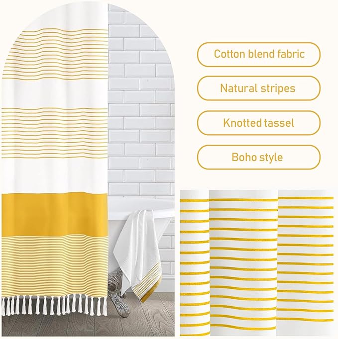 Awellife Boho Yellow Shower Curtain for Bathroom Farmhouse Cotton Stripe Tassel Shower Curtain Natural Texture 72" L x 54" W
