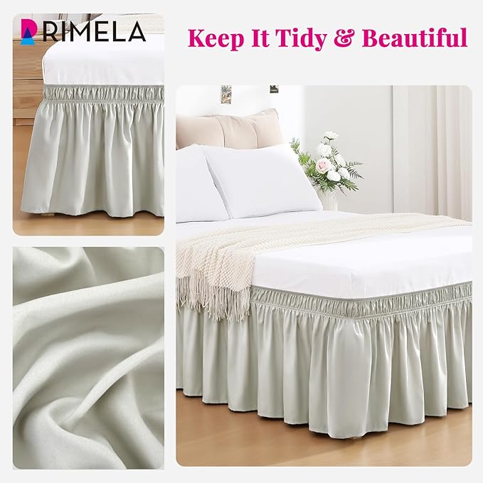 RIMELA Light Grey Bed Skirt Queen Size 15 Inch Drop, Wrap Around Elastic Bedskirt, Dust Ruffle for Adjustable Bed Base Machine Washable Easy to Install Bed Skirts