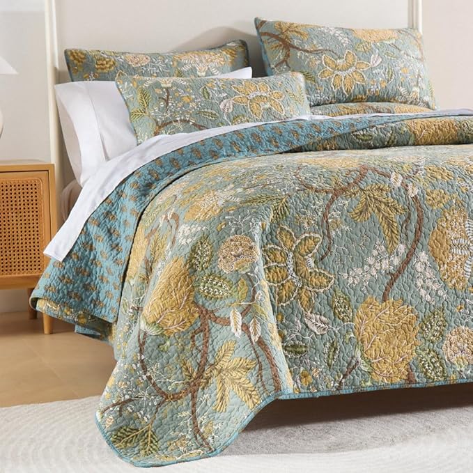 Cotton Bedspread Bedding Coverlet Quilt Sets, Reversible Vintage Branch Floral Bedspread comforters, (Rustic Sage Green Floral Pattern, Queen Size)