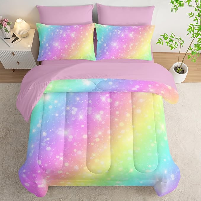 7 Piece Rainbow Comforter Set - Bed in a Bag, Pastel Galaxy Bedding Twin, Soft Microfiber, Kids/Teens/Girls, All Season