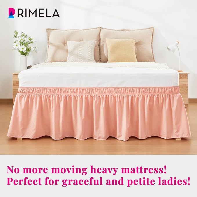 RIMELA Peachy Coral Bed Skirt Queen Size 15 Inch Drop, Wrap Around Elastic Bedskirt, Dust Ruffle for Adjustable Bed Base Machine Washable Easy to Install Bed Skirts