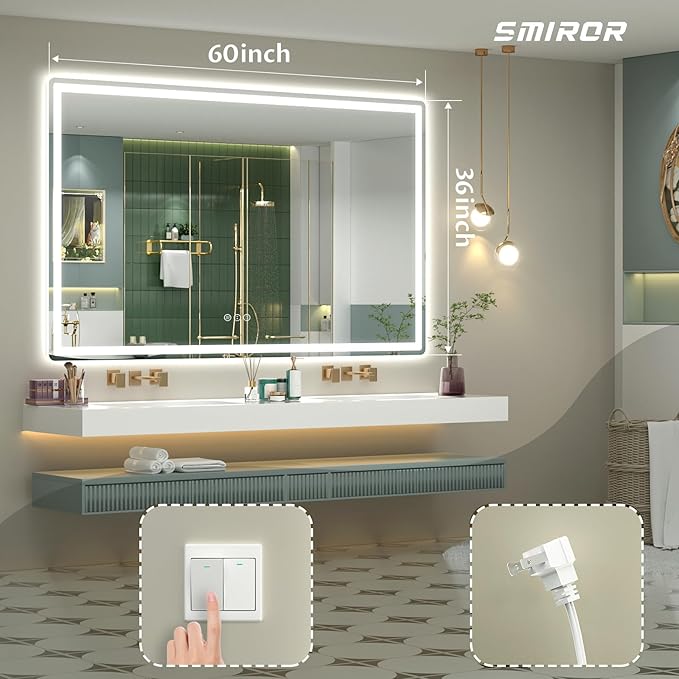 SMIROR LED Bathroom Mirror with Lights 60"x 36", Rounded Rectangle Lighted Vanity Mirror for Wall, Front Lit and Backlit, 3 Colors, Dimmable, Anti-Fog, Tempered Glass (Horizontally/Vertically)