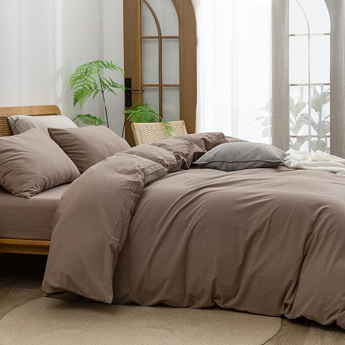 BESTOUCH Duvet Cover Set 100% Washed Cotton Linen Feel Super Soft Comfortable Chic Lightweight 3 PCs Home Bedding Set Solid Pine Bark Brown King
