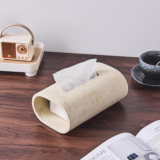 Natural Travertine Textures Tissue Box Holder Rectangle, Resin Facial Tissue Holder Cover, Decorative Bulk Tissue Paper Dispenser for Bathroom Kitchen Bedroom Living Room Office (White)