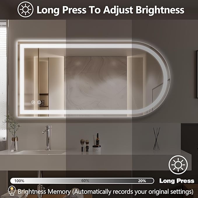 Niccy Arched LED Bathroom Mirror, 48x24 Arch Wall Mounted Frameless Bathroom Mirror for Vanity, Smart Lighted Frontlit Mirrors with Memory Function for Bathroom Bedroom Beauty Hair Salon