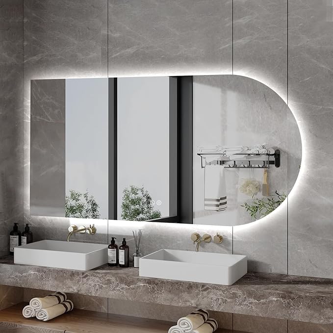 Arched LED Bathroom Mirror, 48"x24" Arch Framless Backlit Mirror with Lights Vanity Mirror for Makeup, Anti-Fog, Dimmable, 3-Color, Memory Function, IP65 Waterproof, UL Listed, Horizontal-Left