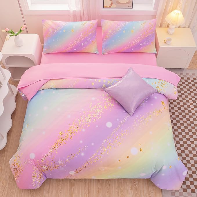 Rainbow Bedding Set Queen Size – 6-Piece Reversible Girls Comforter with Deep-Pocket Sheet, Gradient Galaxy Design, Whole-Piece Filling, Machine Washable Bed-in-a-Bag for Kids Room Makeover & Gifts