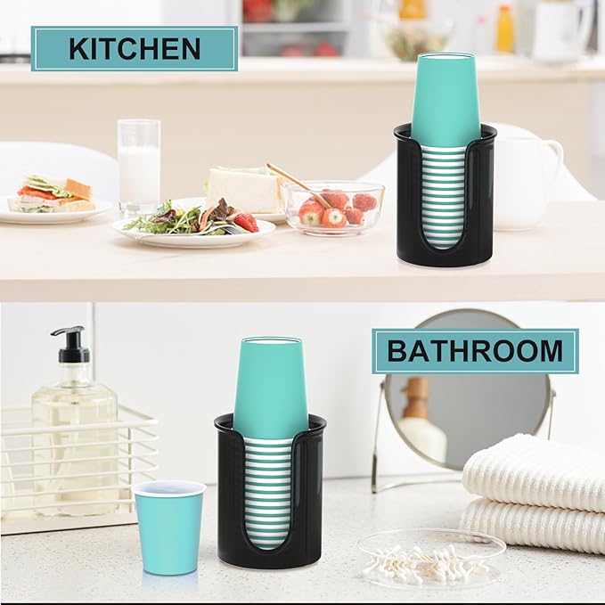 5 oz Bathroom Cup Dispenser Black, Disposable Mouthwash Cups Holder Fit 5oz Paper Cups,Countertop Bathroom Cup Holder Mouthwash Cup Dispenser (2 Pack)