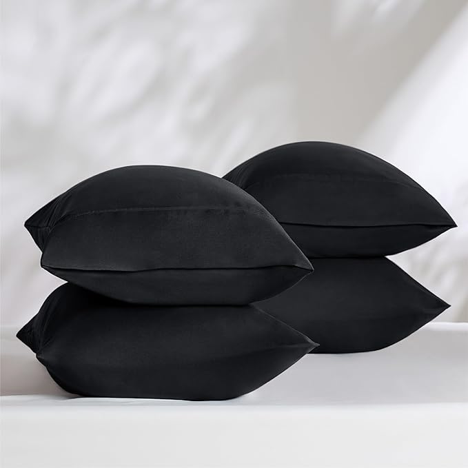Bedsure King Size Pillow Cases Set of 4 - Black Brushed Microfiber Pillowcases 4 Pack, Super Soft Pillowcase, Pillow Case Cover with Envelope Closure, Wrinkle, Fade and Stain Resistant, 20x36 Inches