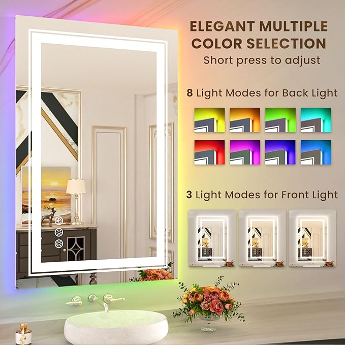WTTY RGB LED Bathroom Mirror 24"x36" with Backlit and 3 Front Light,Stepless Dimmable LED Mirror for Bathroom,Lighted Bathroom Vanity Mirror for Wall,Anti-Fog,Memory Function,Shatter-Proof