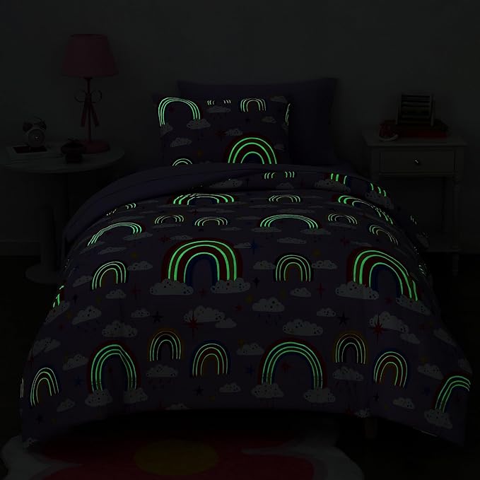 Twin Comforter Set for Girls-5 Pieces Purple Rainbow Glow in The Dark Twin Bedding Sets for Kids, Ultra Soft Bed in A Bag with Sheets
