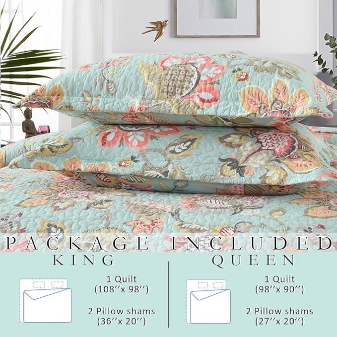 Cotton Bedspread Bedding Coverlet Quilt Sets, Reversible Vintage Branch Floral Bedspread comforters, (Vintage Floral Blue Pattern, Queen Size)