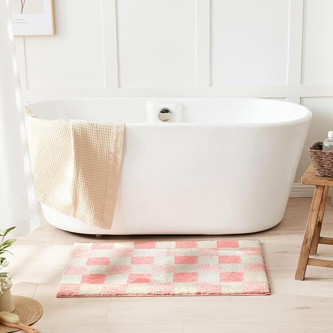 CozeCube Bath mats for Bathroom Non Slip, Fluffy Absorbent Microfiber Bath mat Washable, Aesthetic Bathroom Rugs, Large Blossom Pink Checkered Bath mat, Blossom Pink, 36" x 24"