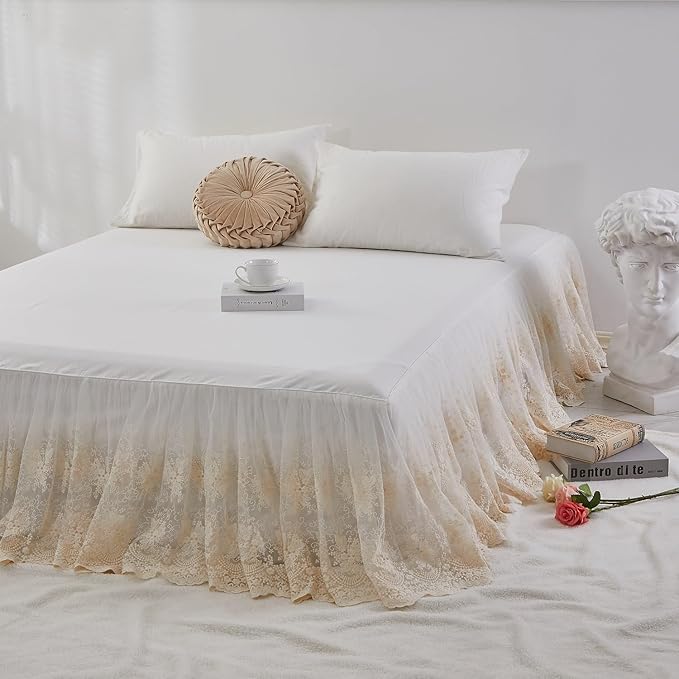 Brandream Lace Bed Skirt Twin Size Cream White 18 Inch Drop Romantic Dust Ruffle Split Corners Bed Sheets Cover Excellent Quality