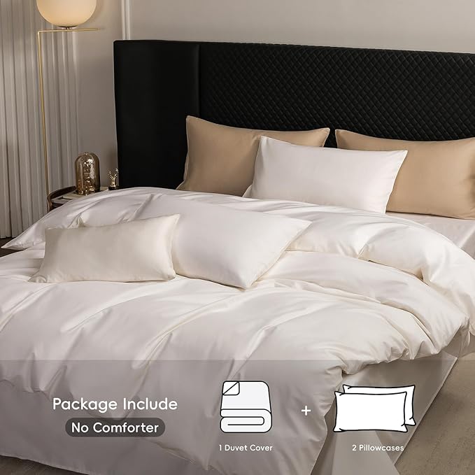 MooMee Duvet Cover Set 100% Extra Long Staple Cotton 600 Thread Count Silky Sateen Smooth Luxury Soft Breathable Durable Hotel Quality Bedding, 3 Pieces (Creamy White, Full 80"x90")