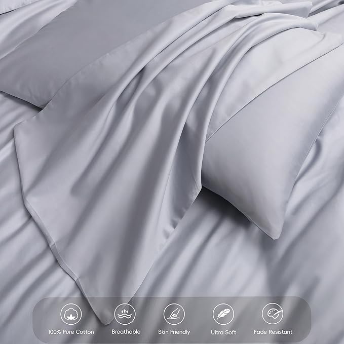 MooMee Duvet Cover Set 100% Extra Long Staple Cotton 600 Thread Count Silky Sateen Smooth Luxury Soft Breathable Durable Hotel Quality Bedding, 3 Pieces (Pale Blue, King 104"x90")