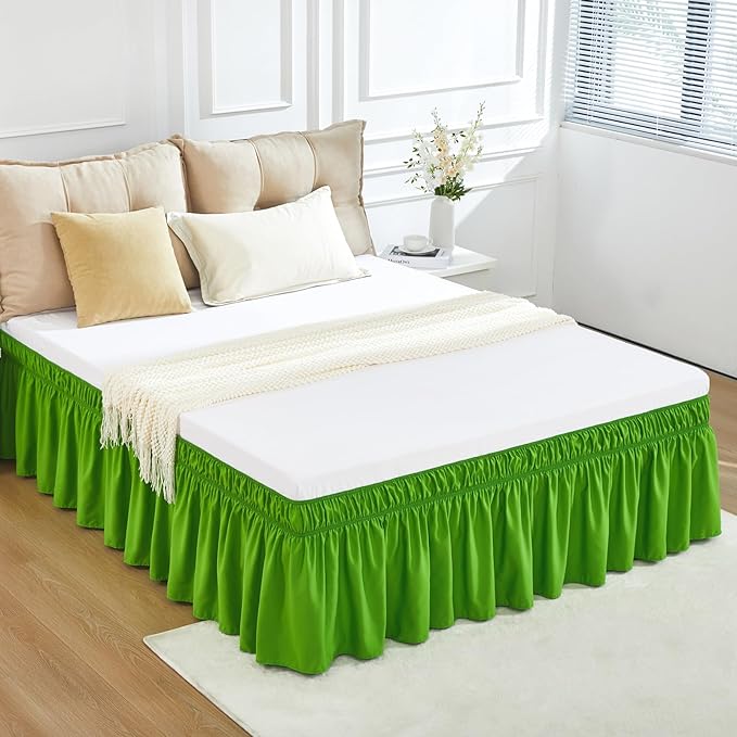 RIMELA Green Bed Skirt King Size 18 Inch Drop, Elastic Bed Skirting for Bed Base and Frame, Bedding Dust Ruffle Easy to Install, Lightweight Wrap Around Adjustable Bedskirt