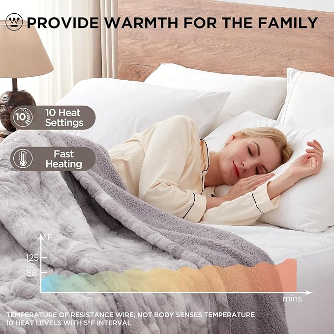 Westinghouse Electric Blanket Queen, Faux Fur Heated Blanket with 10 Heating Levels & 1-12 Hours Auto Off, Soft Cozy Sherpa Heated Blanket Washable Blanket (84" x 90" Queen Size, Light Grey)