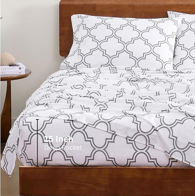 LANE LINEN 100% Organic Cotton Printed Sheets Queen Size Bed Set, Fade Resistant Fully Elasticized Reinforsed Seam in Fitted Sheets Pocket, Avaialbe in Variety of Prints- Trellis Silver