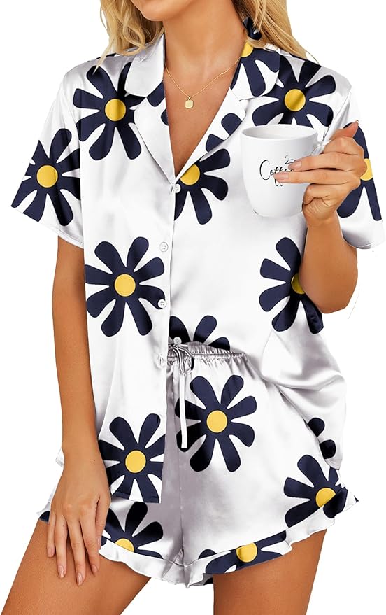 HOTOUCH Womens Satin Pajamas Set Button Down 2 Piece Silk Pjs Shorts Set Ruffle Lingerie Notch Collar Sleepwear