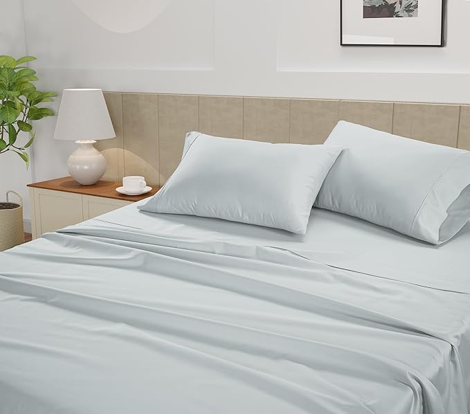 LANE LINEN Split King Sheets for Adjustable Bed 100% Cotton Sheets 450 Thread Count Sateen 5 Pc Split Sheet Set with 2 Twin-XL Fitted Sheets Deep Pocket, Cooling & Breathable - Ballad Blue