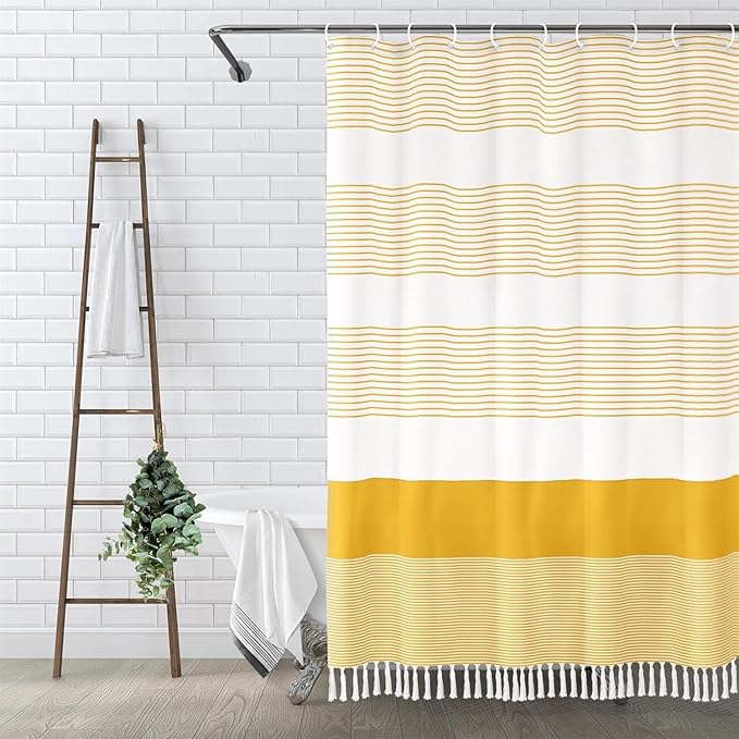 Awellife Boho Yellow Shower Curtain for Bathroom Stripe Tassel Shower Curtain 72 X 72 Inches Farmhouse Cotton