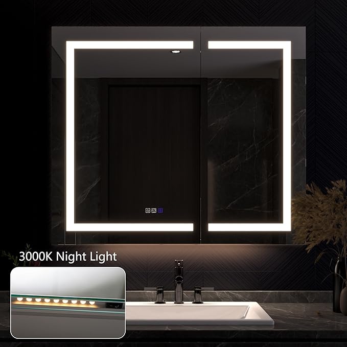 Lighted Medicine Cabinet with Mirror 42"x36" Recessed LED Medicine Cabinet Mirror, Front&Backlit, Anti-Fog, Stepless Dimming, 3-Color Temperatures, Magnifier, 2 Outlets, Storage Shelves, ETL Certified