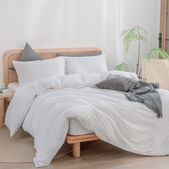 BESTOUCH Duvet Cover Set 100% Washed Cotton Linen Feel Super Soft Comfortable Chic Lightweight 2 PCs Home Bedding Set Solid Bright White Twin/Twin XL