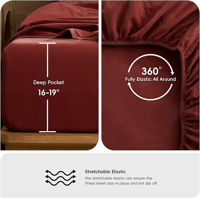 MooMee Bedding Sheet Set 100% Washed Cotton Linen Like Textured Breathable Durable Soft Comfy (Solid Fired Brick Red, King)