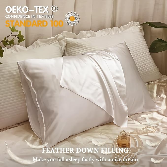 BHZ Satin Goose Down Feather Pillows Standard Size Set of 2 with White Satin Pillowcase for Hair and Skin, Cooling Pillow Cases Similar to Silk Pillow Cases, Decor for Women, Mom Men