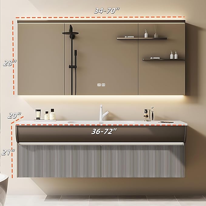 Solid Wood Bathroom Vanity Set - Wall Mounted Bathroom Cabinet with Light, Mirror with Light & Defog, Exquisite Accessories (Mirror Cabinet Style, 48'')
