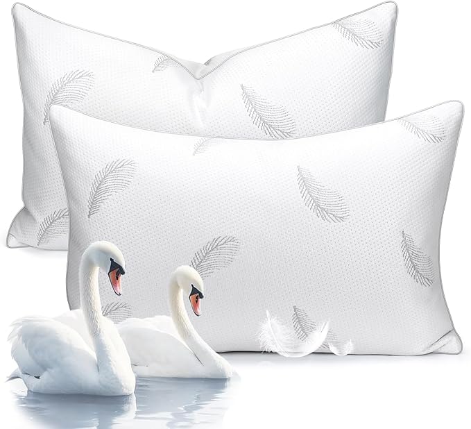Goose Feather Pillows Bed Pillow - Hotel Down Pillows Queen Size Set of 2, Ultra Soft Bed Pillow for Sleeping, Fluffy Support Surround Fill Polyester for Back, Stomach, Side Sleepers