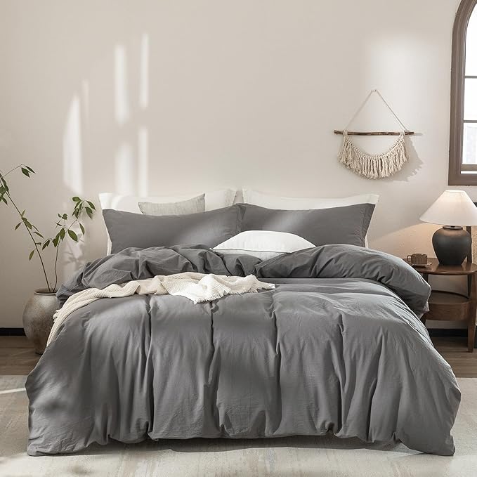 Dark Grey Duvet Cover King Size Bedding Set Cover 100% Washed Cotton Duvet Cover with Zipper Closure and 2 Pillowcases, 104inch x 90inch