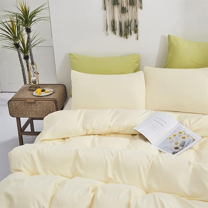 KAREVER Light Yellow Comforter Set Queen Off White Bedding Set Men Beige Breathable Ivory Bedding Set Women Soft Off White Queen Ivory Bedding Comforter Set Queen