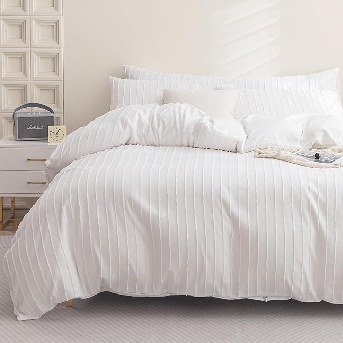 JELLYMONI Duvet Cover Queen Size Bright White - 3PCS Boho Striped Duvet Cover Set Polyester Tufted Bohemian Textured Comforter Cover 90×90in with Corner Ties & Zipper and 2 Pillowcases