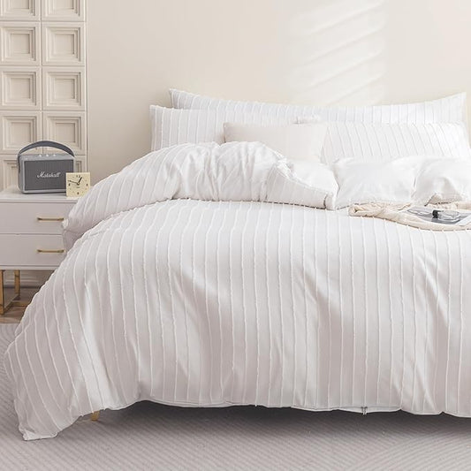 JELLYMONI Duvet Cover Twin Size Bright White - 3PCS Boho Striped Duvet Cover Set Polyester Tufted Bohemian Textured Comforter Cover 68×90in with Corner Ties & Zipper and 2 Pillowcases