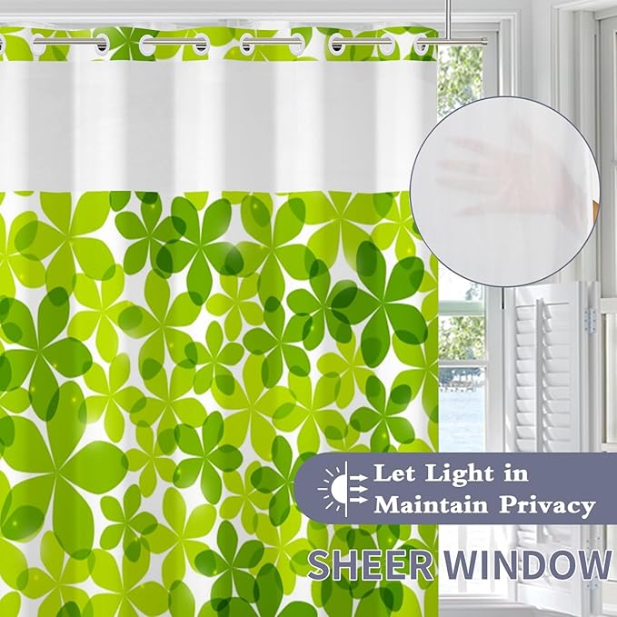 Green Flower Shower Curtain No Hooks with Snap-in Fabric Liner Set,Spring Leaves Shower Curtain for Bathroom,Hotel Decor Waterproof Shower Curtains,with See Through Top Window,71W x 74H