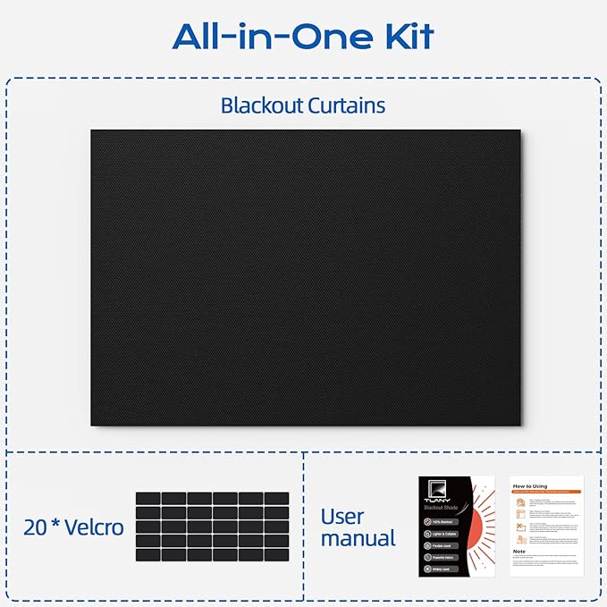Blackout Curtains for Bedroom, 70" x 58" Portable Black Out Blinds with 20 Sets Hook & Loop Strips for 100% Blackout Window Film, Temporary Black-out Shades for Windows Cover Nursery Travel RV- Blacks