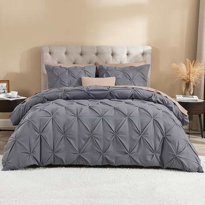 Litanika Dark Grey Pinch Pleat Duvet Cover Queen, 3 Pieces Pintuck Soft Microfiber Bedding Set with Zipper Closure & Corner Ties(90x90Inch-1 Duvet Cover, 2 Pillowcases)