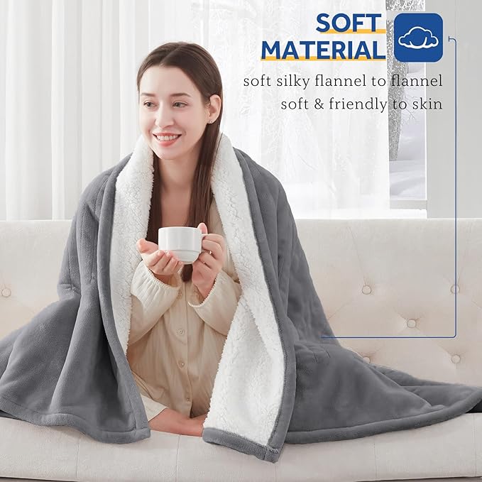 SEALY Electric Blanket Queen Size, Flannel & Sherpa Heated Blanket with 10 Heat Setting & 1-12 Hour Auto Shut Off, Fast Heating Blanket, Machine Washable, Light Grey, 84 x 90 Inch